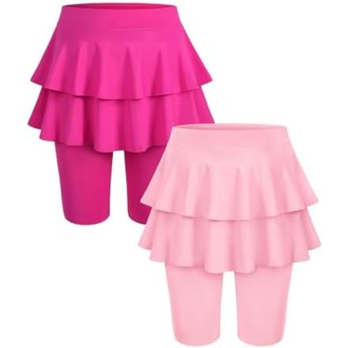 Auranso 2 Pack Girls Knee Length Leggings with Skirts Ruffle Tutu Quick Dry Athletic Skorts for Kids