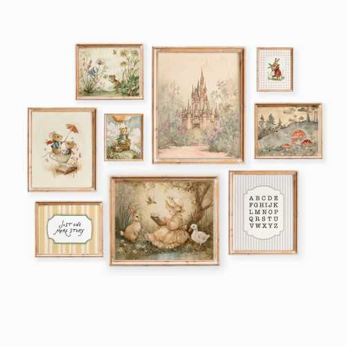 Storybook Nursery Wall Art: Vintage Cottagecore Gallery Set of 9 for Girl Nursery Room
