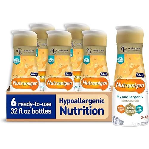 Enfamil Nutramigen Hypoallergenic Baby Formula with Iron, Lactose Free, Colic Relief from Cow's Milk Allergy Starts in 24 Hours, Brain Building DHA, Probiotic LGG for Immune Support, 32 Fl Oz, 6 Count