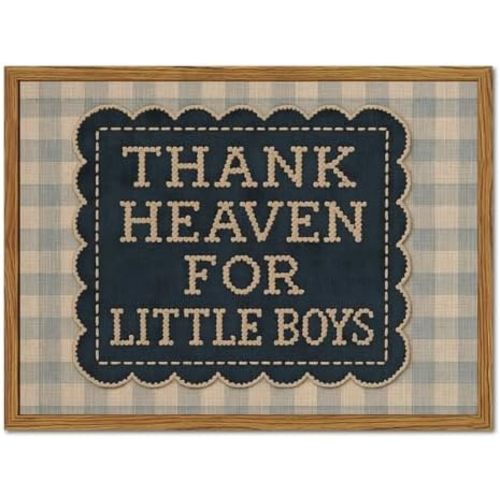 Framed Thank Heaven for Little Boys Wall Art, Baby Boy Nursery Wall Decor, Vintage Blue Gingham Inspirational Quote Paintings Canvas Prints Pictures for Toddler Kids Bedroom 12x16 inch