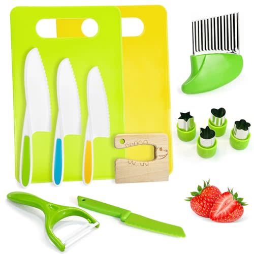 13 Pcs Kids Knife Set for Real Cooking Safe Kitchen Tools for Ages 4+ | Montessori Toys Christmas Birthday Gifts for Boys and Girls (A)