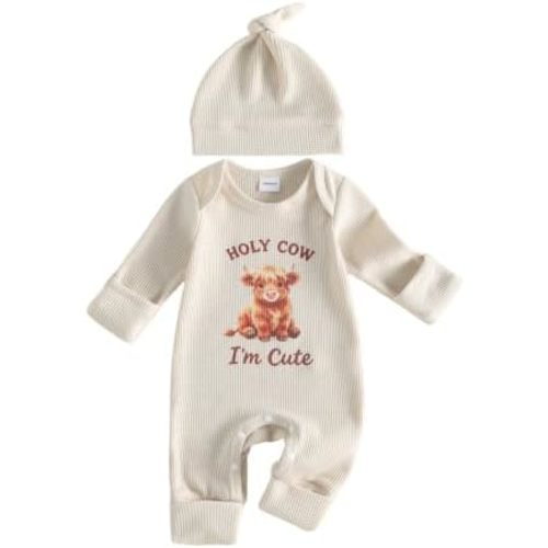 Newborn Baby Boy Western Clothes Highland Cow Print Waffle Winter Romper