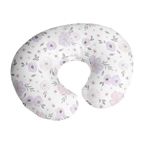 Sweet Jojo Designs Watercolor Floral Nursing Pillow Cover Breastfeeding Pillowcase for Newborn Infant Bottle Breast Feeding Pillow NOT Included Lavender Purple Pink Grey Boho Shabby Chic Rose Flower