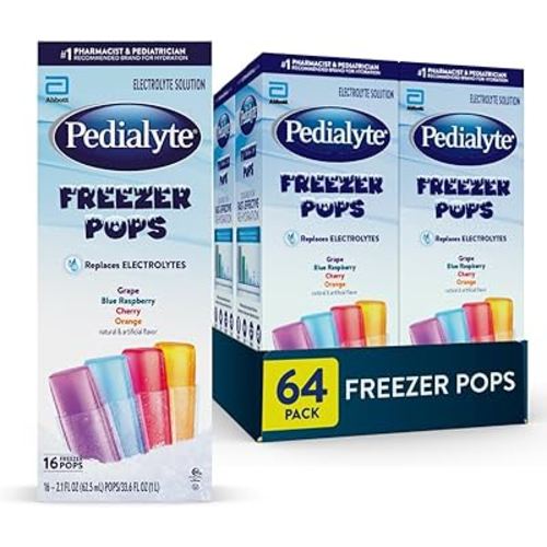 Pedialyte Electrolyte Solution Freezer Pops, Hydration Variety Pack— Grape, Blue Raspberry, Cherry, Orange, Pack of 64