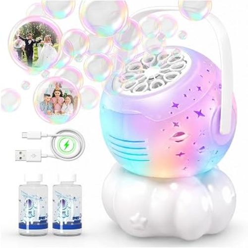 Rechargeable Bubble Machine for Kids with 9Colors Cycling LED, 600ml Tank