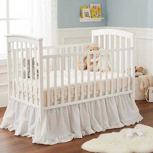 Hahafelt White Crib Skirt for Baby Girls Boys, 100% Washed Cotton Bed Skirt