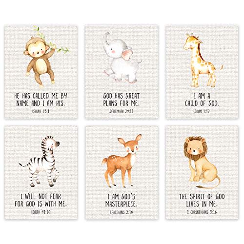 Andaz Press Christian Bible Verses Quotes Nursery Kids Room Unframed Hanging Wall Art Poster Home Decor, 8.5x11-inch, Jungle Safari Animals Theme, Burlap, 6-Pack, No Frames