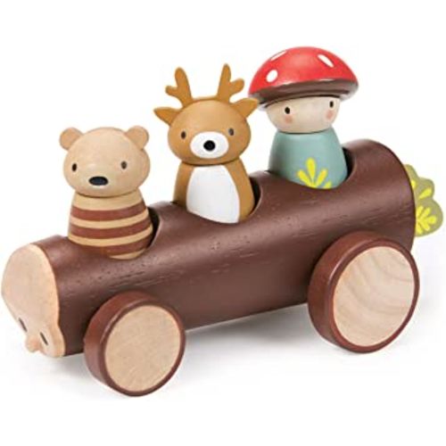 Tender Leaf Toys - Timber Taxi - Wooden Log Shaped Push Vehicle with 3 Removeable Characters - Open-Ended Play Toy, Explore Role-Play and Imagination for Boys and Girls - Age 18m+