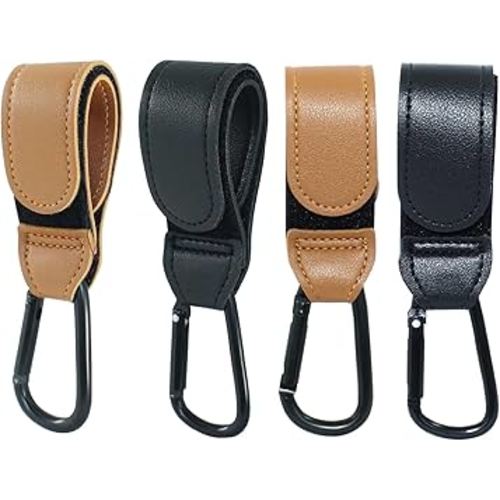 4 Pcs Black and Brown Stroller Hooks Clips, Mommy Baby Hook Straps for Diaper Shopping Bags Stroller Accessories