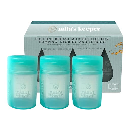 Mila's Keeper Premium Silicone Breast Milk Storage Bottles, for Pumping, Storing and Feeding, Fits Leading Pumps and Nipples, 6 oz Silicone Milk Storage Containers, Wide Neck Ocean Mist, Set of 3
