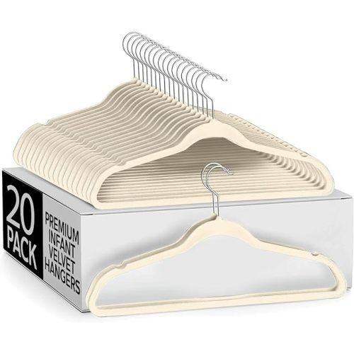 Premium Baby Hanger, Velvet Hangers, 11”, 20 Pack, Non-Slip Baby Hangers, Space Saving, Infant Hanger, Ultra Slim, Closet Organization, Children Clothes Hanger, Closet Toddler Hanger- Ivory - White Beige - 20 Infant Hanger