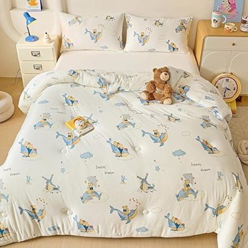 MorroMorn Super Soft Comforters Queen Size Bed Set, 3 PCS Bedding Sets - Thick Fluffy Comforter with 2 Pillowcases Neutral for Girls Boys Kids, Lightweight Blanket for Bed All Seasons (Whale Dream)