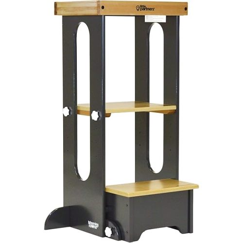 Little Partners Foldable Toddler Tower, Learning Tower Explore 'N Store Montessori Standing Kitchen Tower with Folding Step Stool Platform for Cooking and Learning, Ages 2+ (Charcoal)