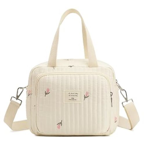 Small Diaper Bag Tote, Crossbody Diaper Bag Mini Purse with 7 Pockets | Travel Baby Bag for Boys & Girls, 2 Bottle Pockets, Off White
