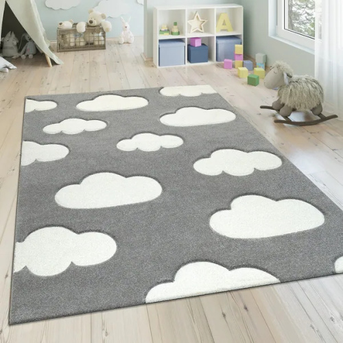 Kids Rug with Clouds in Pastel Colors for Children's Room or Nursery-Grey