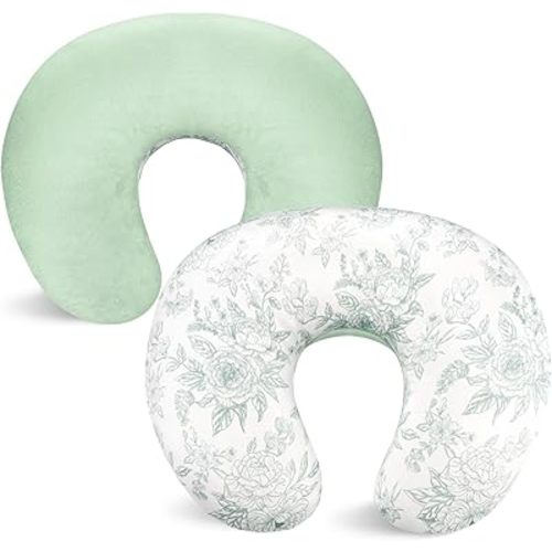 Nursing Pillow Cover 1 Pack, Double-Sided Removable Nursing Cover for Baby Girls Boys Newborn, Stretchy and Soft Reversible Slipcover for Breastfeeding Pillow, Green Flower (Only Cover)