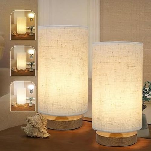 Minimalist Bedside Table Lamps for Bedrooms Set of 2, 3 Color Temperature Bedside Lamps with Round Fabric Linen Shade,Small Desk Lamp Night Nightstand Lamp Set for Living Room, Reading,Office