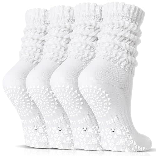 Sandsuced Pilates Slouch Socks with Grips Non Slip Yoga Socks Winter Warm Cozy Scrunch Boot Crew Slipper 4 Pairs for Women