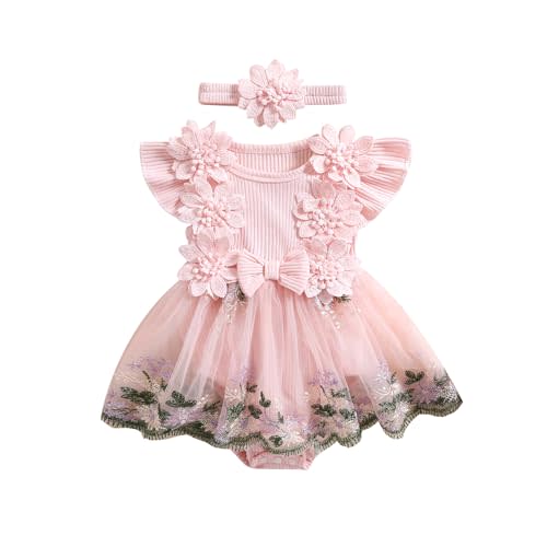 Douhoow Baby Girl Dress Romper Baby Romper Dress Flowers Embroidery Tulle Skirt Infant Girl Summer Clothes with Headband