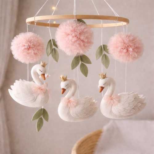 Swan Baby Mobile, Pink Nursery Decor, Baby Crib Mobile, Handmade New Baby Gift