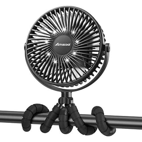 AMACOOL Baby Stroller Fan, 10000mAh Rechargeable, 50H Ultra-long Runtime, 3-Speed Portable Clip on Fan with LED Light, Timer, 360°Rotate Battery Operated Fans for Travel Car Seat Crib