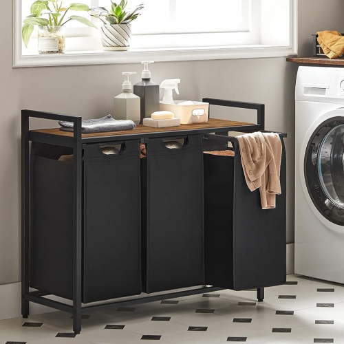 3 Section Laundry Hamper with shelf Laundry Sorter with 3 Pull-Out and Removable Bags for Bathroom Laundry Room Rustic Brown and Black