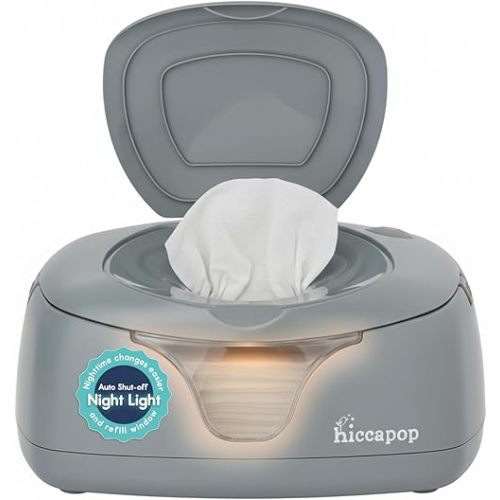 Hiccapop Calentador de toallitas y dispensador de toallitas húmedas para bebés | Calentador de toallitas para bebés | Calentador de toallitas de pañales con luz cambiante, color gris