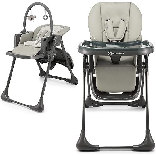 Kinderkraft Tummie, 2-in-1 high Chair, Baby Chair, Ergonomic, Comfortable, Reclining, Foldable, with Ajustable Height, Footrest, Detachable Tray, for Toddler, with Toys, Gray