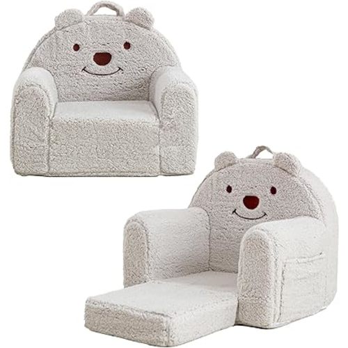 Toddler Chair,Sherpa Bear Kids Chair,Toddler Couch Fold Out,Children Reading Chair,Flip Out Kids Couch,Toddler Sofa Convertible for Age 1-3(Grey Bear)