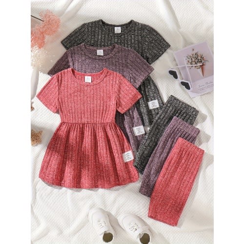 4Y 3 Sets of Airls' Summer Thin Casual Set. Knitted Short Sleeved Round Neck, Clean Color. Minimalist Skirttop, Fashionable Rubber Shorts, Girls' Summer Clothing, Summer Clothing for Children, Cool Andcomfortable Summer Clothing for Children, for Outdoor