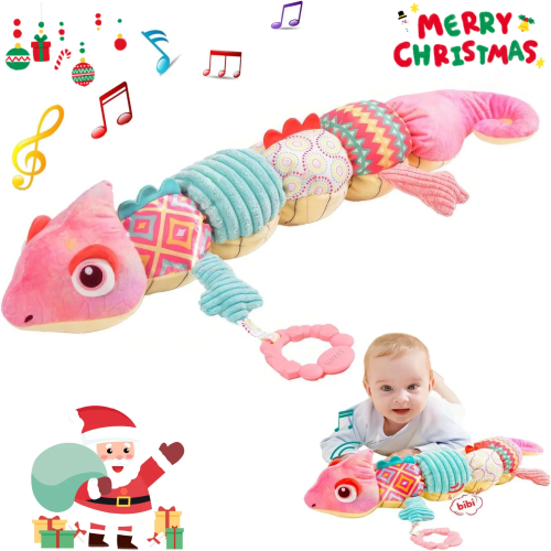 Ludolm Baby Musical Stuffed Animal Toy with Soft Sensory Rattles and Crinkle Newborn Plush Tummy Time Toys 0+ Months Old Baby Girl Gift, Pink Chameleon 23 Inch (MMC-004)
