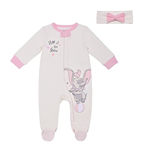 Disney Princess Girls’ Long Sleeve Footed Romper Coverall With Bow Headband for Newborn – Pink/White