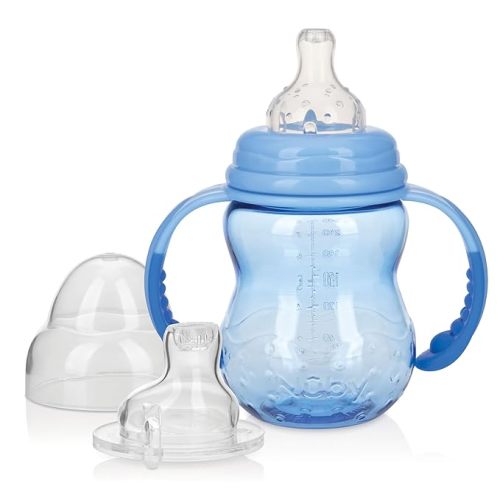 Nuby 3 in 1 Baby Bottle to Training Sippy Cup - 8 oz - Spill-Proof Toddler Sippy Cups with Easy Grip Handles - Dishwasher Safe - 3+ Months - Blue