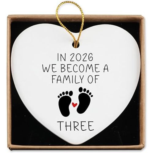 New Mom Dad Gifts Ceramic Ornament Keepsake Sign Heart Plaque in 2026 We Become a Family of Three Pregnancy Announcement Gifts for New Parents Baby Reveal Ideas Christmas Ornament