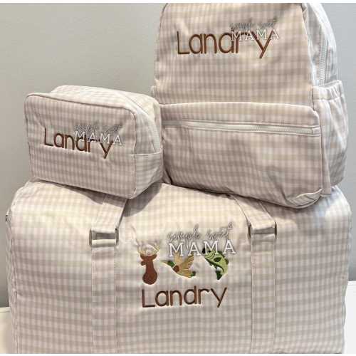 Khaki Gingham 3PC Kids Luggage Set - Wipeable Duffle, Backpack, Toiletry Bag - Wildlife Embroidery