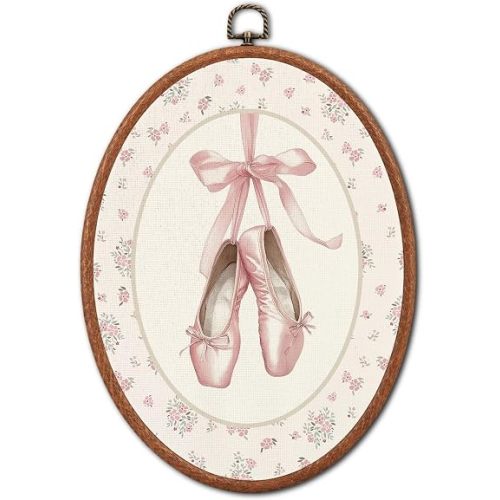 Pink Ballet Slippers Floral Girls Room Oval Wall Art Framed Decor Accents
