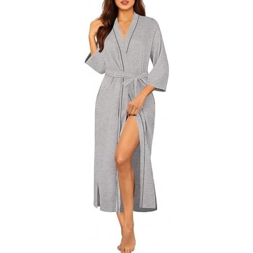 Ekouaer Robes for Women Long Knit Bathrobe Lightweight 3/4 Sleeves Kimono Robe Soft Sleepwear with Pockets S-XXL