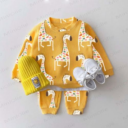Baby Toddler Giraffe Waffle Sweatshirt 2-piece Set