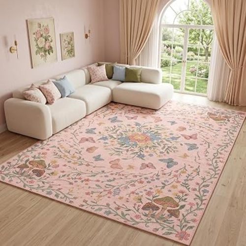GraceSway 6x9 Pink Cottagecore Area Rug, Whimsical Butterfly Floral Design