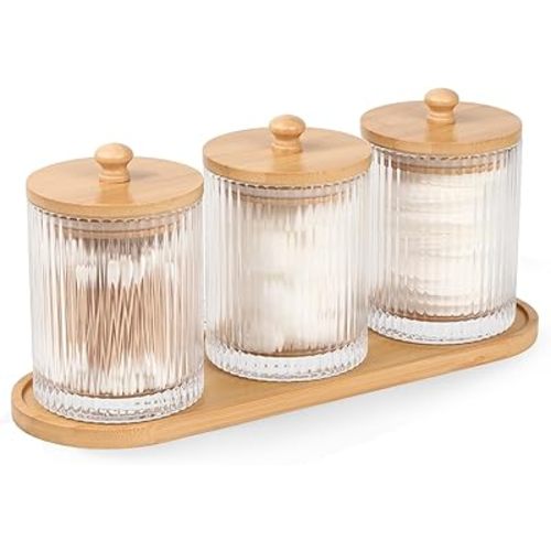 3 Pack Qtip Holder - Bathroom Organizers and Storage, Cotton Round Holder Floss Pick Cotton Ball Holder Swab Dispenser Set with Tray, Glass Apothecary Jars with Lids, -sw clear y