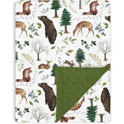 Forest Woods Animal Baby Blankets for Girls Boys 30" x 40", Green Soft Double Layer Minky Blanket with Dotted Fleece Back, Nursery Bed Receiving Quilt for Newborn Infant Toddler Shower Gift