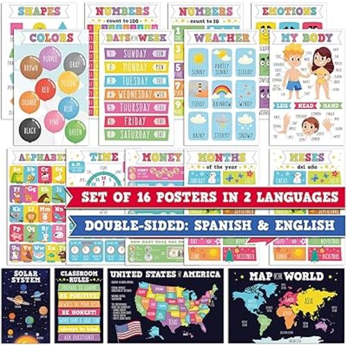 16 Laminated Educational Writing Posters for Kids (English & Spanish) - Double-Sided Learning Charts, 32 Total Designs, Classroom & Homeschool Supplies
