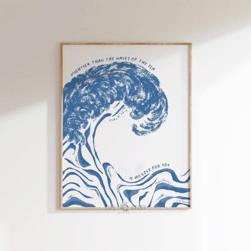 Psalm 93:4 Mightier Than the Waves, Modern Christian Affirmations Wall Art, Coastal Bible Verse Print, Blue Ocean Nautical Scripture Artwork