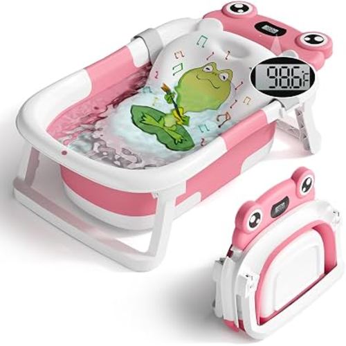 BUNWAG Baby Bathtub, Collapsible Newborn Bathtub for Infant to Toddler with Soft Cushion and Thermometer, Travel Newborn Tub with No-Slip Feet, Baby Shower Gifts, 0-12 Months Baby Bath, Rose Pink