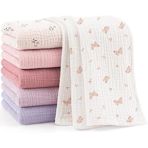 Bearmoss 6 Pack Muslin Burp Cloths for Baby, 100% Cotton Soft Large Burping Cloths for Unisex, Boy, Girl, 23.6" X 23.6" Newborn Essentials Absorbent Milk Spit Up Rags (Pink Purple)