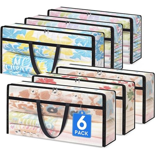 TasticTotes 6 Pack Clear Storage Bags for Comforter, Clothes & Bedding, Plastic Blanket Storage with Zipper and Handle, Moving Bags, Closet Organizer and Under-Bed Storage (40L)