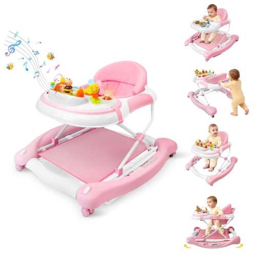 5 in 1 Baby Walker (Walk,Jumper,Rocking,Push,Eating Mode) for Boys Girls,Foldable,Music & Light,Height Adjustable,Wheels for Infant Babies,Pink