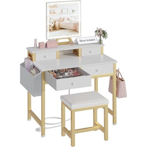 Small Makeup Vanity Desk with Lights, 31 inch Girls Vanity Set with Mirror and Chair, Make Up Dresser Table with Drawers and Power Outlet for Bedroom Small Space, White and Gold