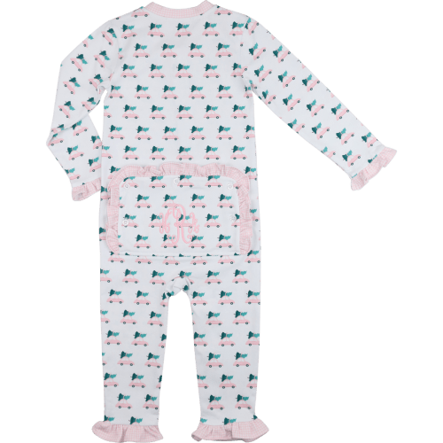 Pink Knit Christmas Car Print Zipper Pajamas
