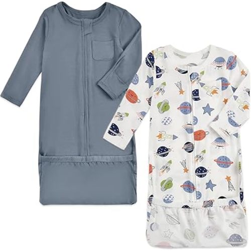 Aablexema Baby Nightgowns Rayon of Bamboo, 2Pcs Newborn Sleeper Gown with 2-way Zipper, Flip Mittens & Foot Cover